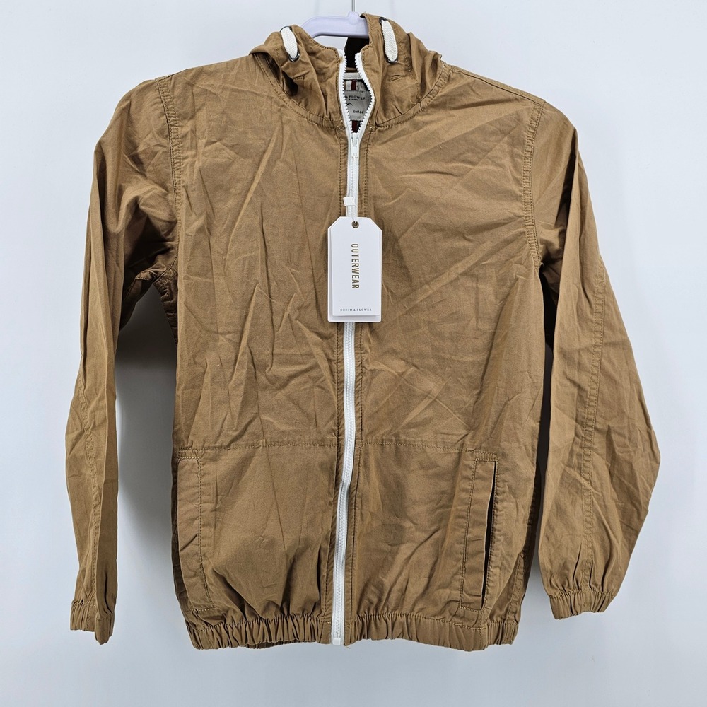 Denim & Flower Windbreaker Kids Size 13/14 Tan Hooded Full Zip Cotton Jacket